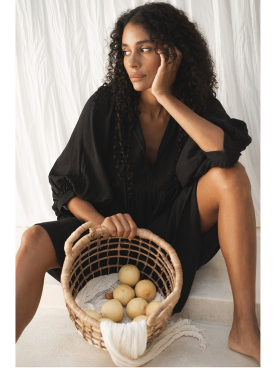 Daughter of India Tops - Daughters of India Kyra Mini Dress in Black Gauze Flowing Puff Sleeve Minimalist